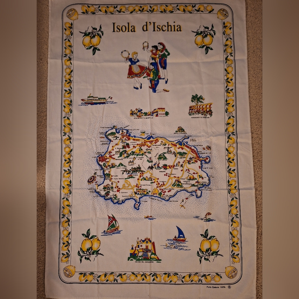 Isola d’Ischia Italy Tea Towel Lemon Map 100% Cotton Kitchen Souvenir